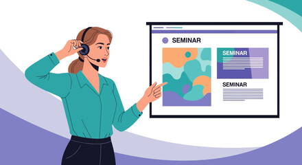 Online Seminar Facilitator Demonstrating Presentation With Abstract Slides And Headset