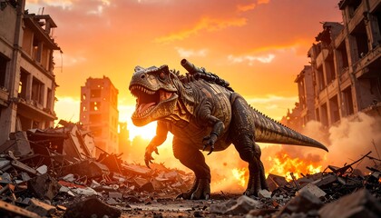 Giant Creature Stalking Ruins at Sunset, Powerful and Destructive