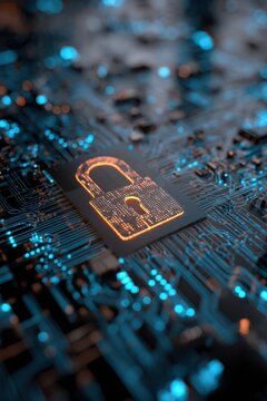Cybersecurity concept featuring glowing lock symbol on circuit-style layout in clean tones
