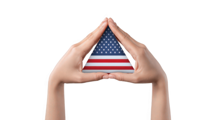 Two hands forming a triangle shape around a small american flag, isolated on transparent background