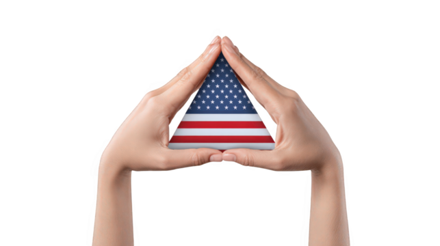 Two hands forming a triangle shape around a small american flag, isolated on transparent background - Powered by Adobe