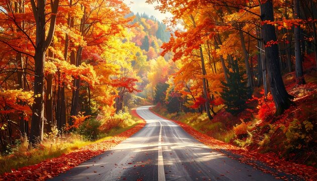 A winding road through a vibrant autumn forest bathed in golden sunlight.