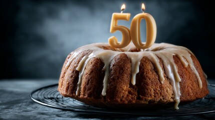 Celebratory cake adorned with beige glaze and candles for a special 50th birthday occasion