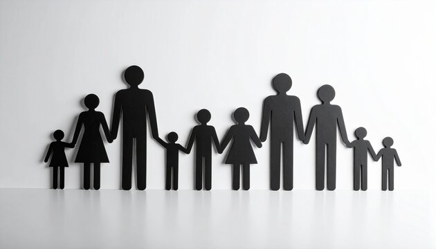 Black silhouette cutouts of human figures arranged from adult to child on white background