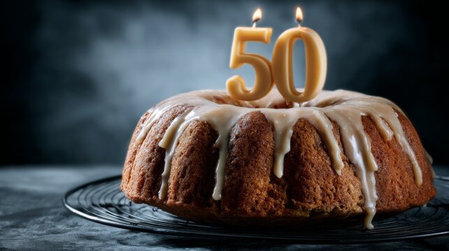 Celebratory cake adorned with beige glaze and candles for a special 50th birthday occasion - Powered by Adobe