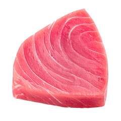 A meticulously isolated  showcases a fresh, vibrant slice of raw, pink-red fish, revealing intricate textures and a dense, appetizing appearance against a stark black background, emphasizing the...