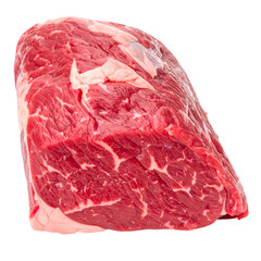 Freshly cut raw beef cut, showcased against a pure black background, highlighting the rich red coloration and intricate marbling of the meat texture, offering a detailed view of its natural...