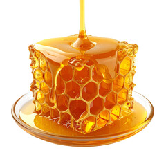 Flowing golden honey cascading from above onto a honeycomb structure, revealing a delicious treat, showcased on a clear glass plate, against a stark black background.