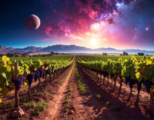 A vibrant vineyard stretches across a landscape bathed in a spectacular sunrise, with a celestial backdrop of planets and nebulae.