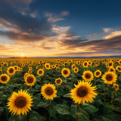 Sunflower Field Turning Toward Setting Sun Wide Spectacular Agricultural Landscape Sunset Golden Hour Blooming Yellow Flowers Panoramic