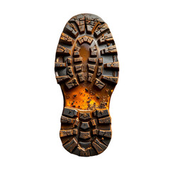 Detailed  showcases a muddy boot sole impression against a stark black background, highlighting texture and patterns, revealing signs of outdoor activity and the elements. The boot print is a  shot.