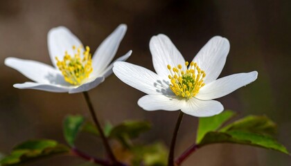 Two delicate white flowers with vibrant yellow centers, beautifully detailed and in sharp focus against a soft, dark background.