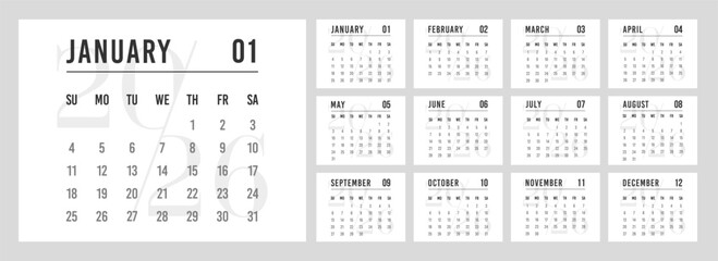 Calendar 2026 set of template, layout monthly horizontal pages. Modern simple planner week strat Sunday.