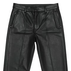 image showcases a pair of black leather pants, featuring visible stitching and zippers along the pockets, with a classic design and tailored fit against a dark background, highlighting the texture...