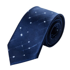 Elegant blue tie with a white polka dot pattern is presented against a black background, showcasing the fabric's texture and design.