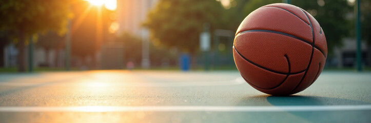 Round basketball on court in outdoor setting during sunset. Basketball on court displays outdoor game equipment and sports activities, sunlight shines through background.