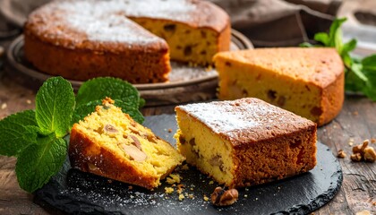 Close-up view of a golden-yellow cake slice with nuts and powdered sugar, alongside a whole cake and fresh mint leaves.