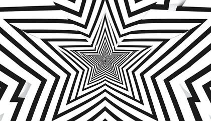 A captivating black and white design featuring radiating star shapes with intricate, converging lines, creating an optical illusion of depth and movement.