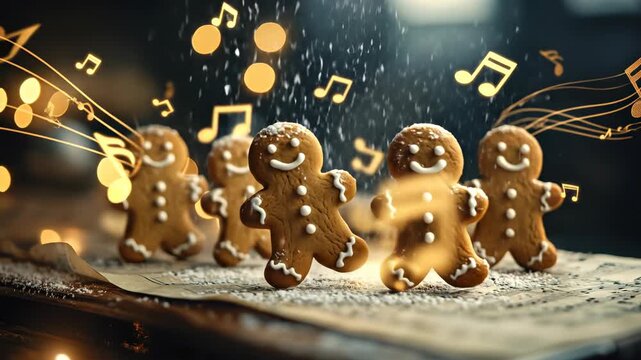 Gingerbread cookies dancing on sheet music under falling sugar. A whimsical scene of holiday cheer. Festive baking, yuletide spirit, musical confection.