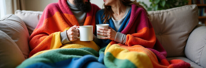 Couple drinking coffee wrapped in blanket, enjoying cozy moment on sofa with hot beverages. Cozy moment with couple is about cuddling at home together wrapped up and enjoying hot drink.