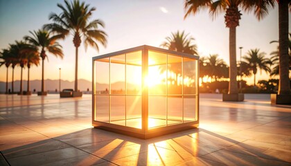 Glass Cube with Golden Light and Palm Trees at Sunset