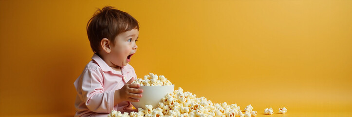 Excited child eating popcorn from bowl against yellow backdrop, looking surprised. Sweet snack popcorn spills across floor, child's mouth is open with excitement.