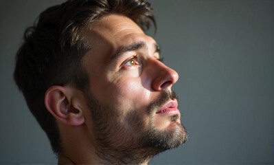 Profile of thoughtful man in contemplation, looking up and bathed in sunlight, showcasing inner reflection. Man contemplates possibilities, dreams, hopes with peaceful expression.