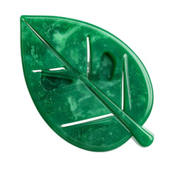 Detailed  shot presents a vividly colored, emerald green leaf against a stark black background, showcasing the glossy surface and subtle textures.