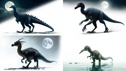 Fototapeta premium A series of four photos godzillas in different poses background gesture emotion motion layers frame composition elements movement style depth colorful figure scene backgrounds expression