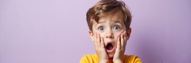 Surprised boy showing shock, with hands on face, looking astonished. Shock and surprise is clearly visible in his wide eyes and open mouth, portraying disbelief.