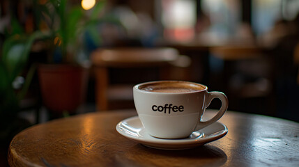 Fototapeta premium A cup of coffee with beans and latte art in a cafe atmosphere