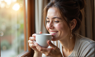 Young woman drinking coffee at home with smile, a moment of pleasure and simple joy. Drinking coffee, she enjoys aroma and warmth, starting day right. Drinking coffee,