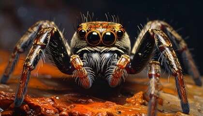 Close-up view of a jumping spider, showcasing its intricate details and vibrant coloration against a textured surface.