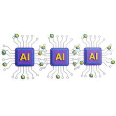 Three ai chips connected in a network, isolated on transparent background