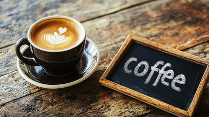 A cup of coffee with beans and latte art in a cafe atmosphere