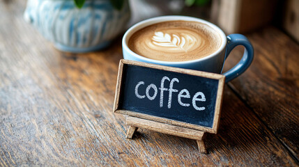A cup of coffee with beans and latte art in a cafe atmosphere
