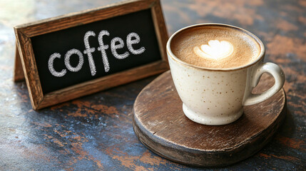 A cup of coffee with beans and latte art in a cafe atmosphere
