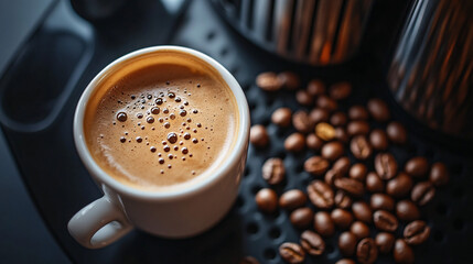 A cup of coffee with beans and latte art in a cafe atmosphere