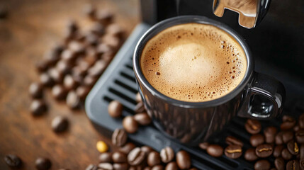 A cup of coffee with beans and latte art in a cafe atmosphere