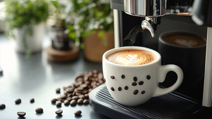 A cup of coffee with beans and latte art in a cafe atmosphere