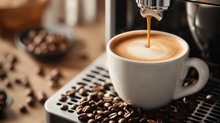 A cup of coffee with beans and latte art in a cafe atmosphere