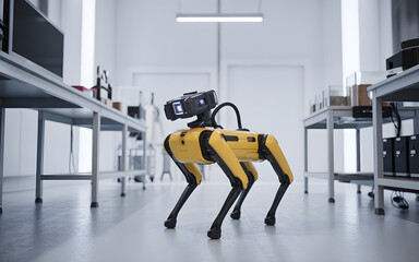 Yellow Robotic Dog with Camera Head in a Bright White Laboratory Setting artificial intelligence isolated on a transparent background