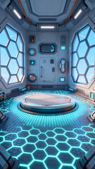 A futuristic sci - fi interior with hexagonal panels, a circular platform, blue glowing floor, and modern control devices.