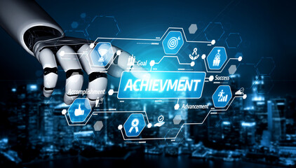 A robotic hand interacts with a glowing digital interface representing achievement and success, emphasizing innovation and progress in technology and business sectors. Tessel