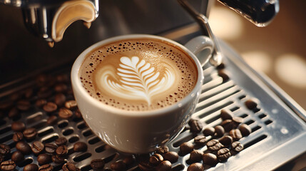 A cup of coffee with beans and latte art in a cafe atmosphere