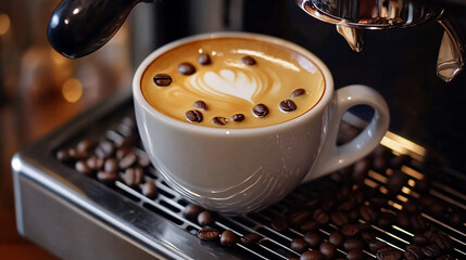 A cup of coffee with beans and latte art in a cafe atmosphere
