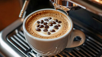 A cup of coffee with beans and latte art in a cafe atmosphere