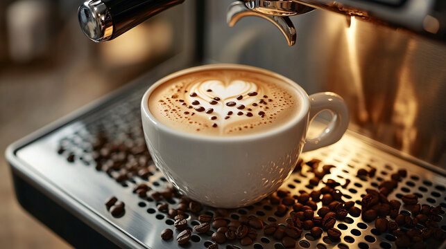 A cup of coffee with beans and latte art in a cafe atmosphere