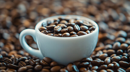 A cup of coffee with beans and latte art in a cafe atmosphere
