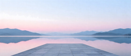 A serene lake scene with calm water reflecting distant mountains under a soft sky, creating a peaceful and harmonious natural landscape.